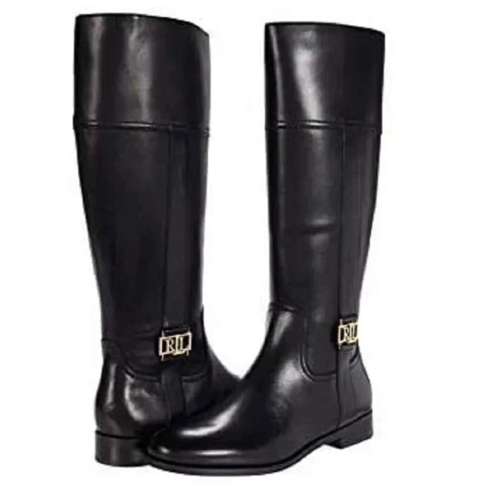 New Ralph Lauren Women's Equestrian Black Leather  Boots & Gold Tone Hardware 6B